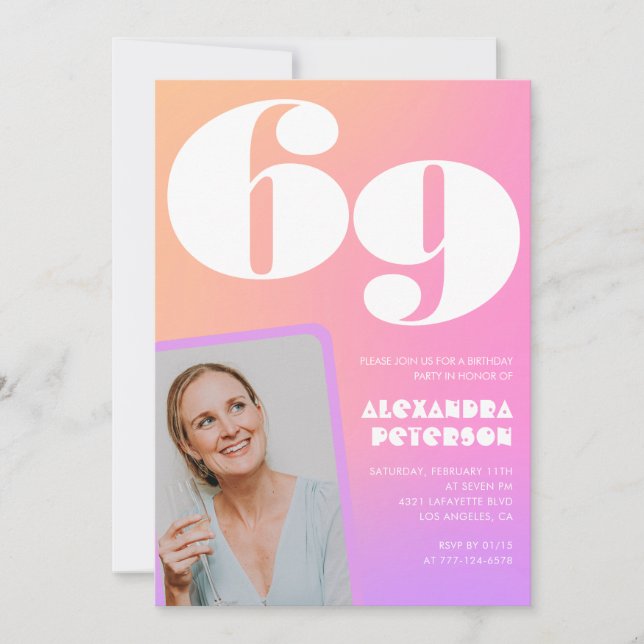 Pink Gradient Retro Foto 69. Geburtstag Einladung (Vorderseite)