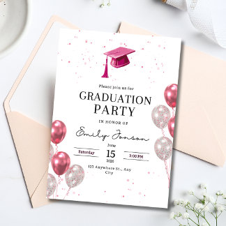 Pink Graduation Party Girls Balloons Modern Grad Einladung