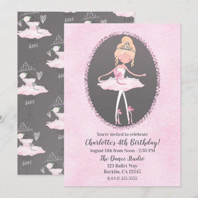 Pink & Grau Couture Ballerina Geburtstagsparty Einladung (Vorne/Hinten)