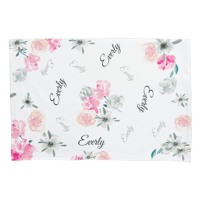 Pink Grau Floral Wasserfarben Mädchenname Kissenbezug (Vorderseite)