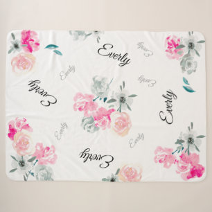 Pink Grau Floral Wasserfarben Mädchenname Sherpadecke