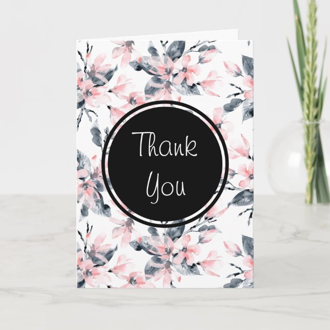 Pink & Grau Floral Wasserfarbmuster Vielen Dank Karte (Vorderseite)