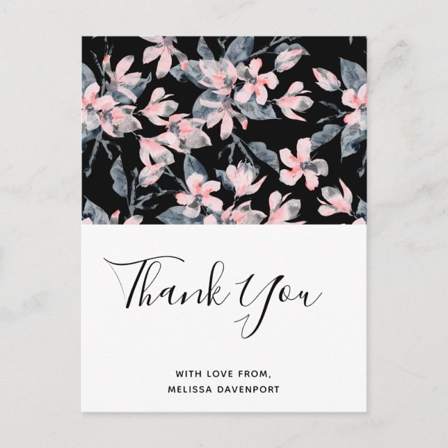Pink & Grau Floral Wasserfarbmuster Vielen Dank Postkarte (Vorderseite)