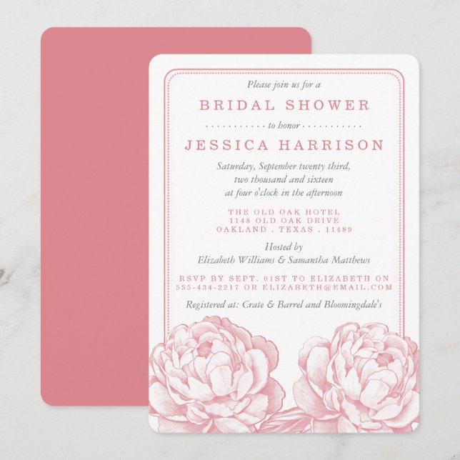 Pink & Grau Hübsch Peony Floral Brautparty Einladung (Vorne/Hinten)