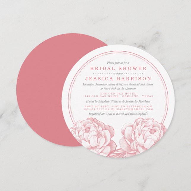 Pink & Grau Hübsch Peony Floral Brautparty Einladung (Vorne/Hinten)