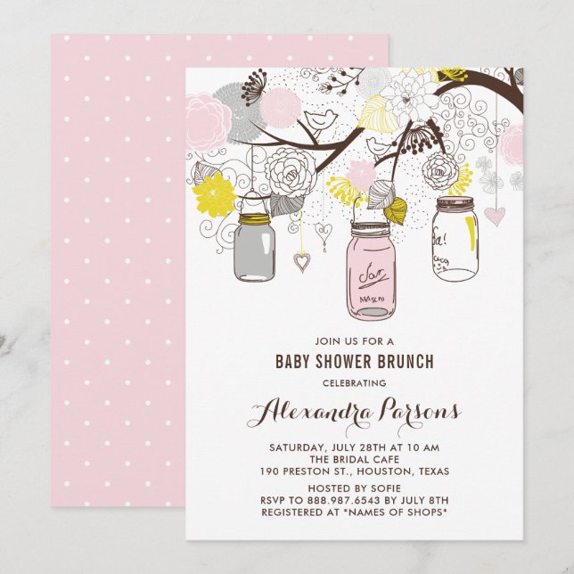Pink & Grau Mason Jars Blumenjungen Duschbrunch Einladung (Vorne/Hinten)