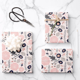 Pink Grau Schwarzes Botanisches Muster Geschenkpapier Set