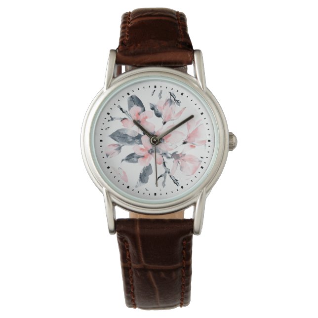Pink & Grau Wasserfarben-Muster Armbanduhr (Vorderseite)