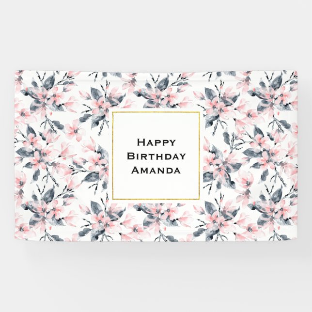Pink & Grau Wasserfarben Muster Geburtstag Banner (Horizontal)