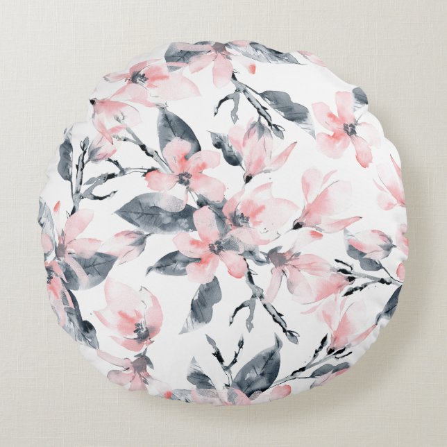 Pink & Grau Wasserfarben-Muster Rundes Kissen (Vorderseite)