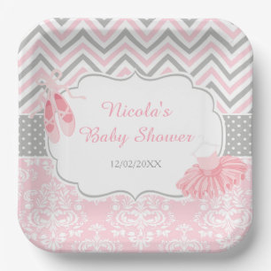 Pink & Grau Zickzack Ballerina Babydusche Pappteller