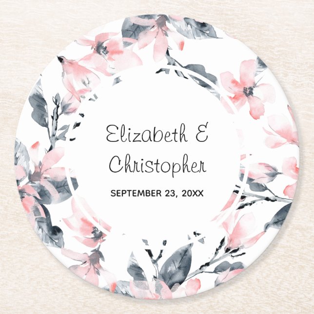 Pink & Graue Wasserfarbenmuster Hochzeit Runder Pappuntersetzer (Vorderseite)