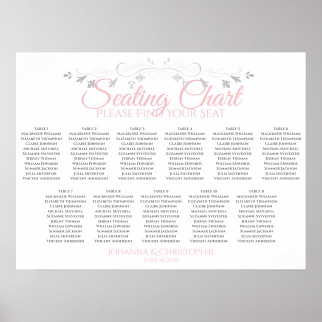 Pink & Gray 11 Table Wedding Seating Chart Poster (Vorne)