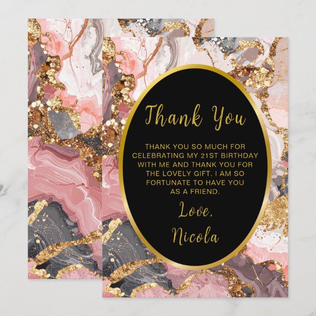 Pink, Gray and Gold Marble Agate Birthday Party Dankeskarte (Vorne/Hinten)