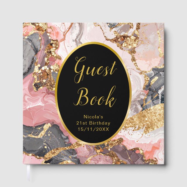Pink, Gray and Gold Marble Agate Birthday Party Gästebuch (Vorderseite)