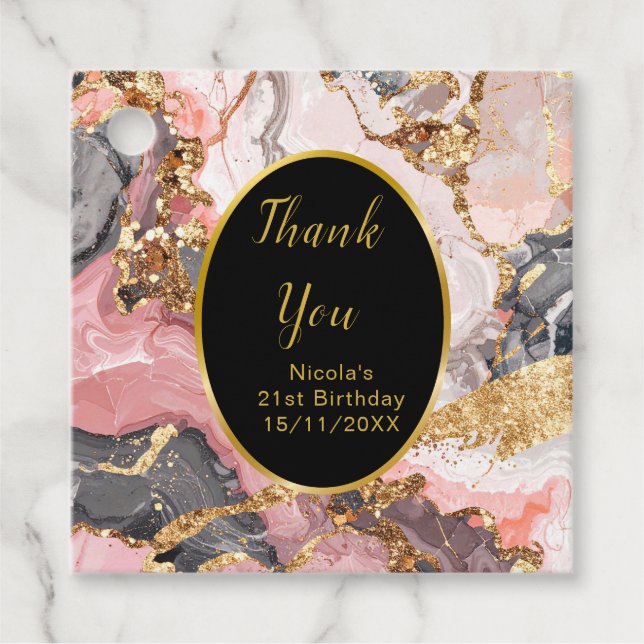 Pink, Gray and Gold Marble Agate Birthday Party Geschenkanhänger (Vorderseite)