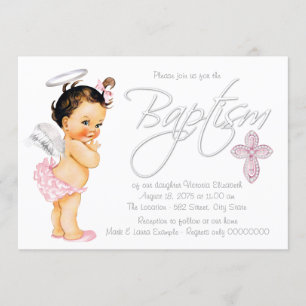 Pink Gray Angel Baby Girl Baptisse Einladung