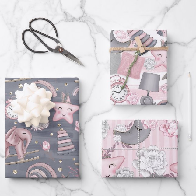 PINK & GRAY BABY MÄDCHENSPIELZEUGE HÖREN BLUME GESCHENKPAPIER SET (Vorderseite)
