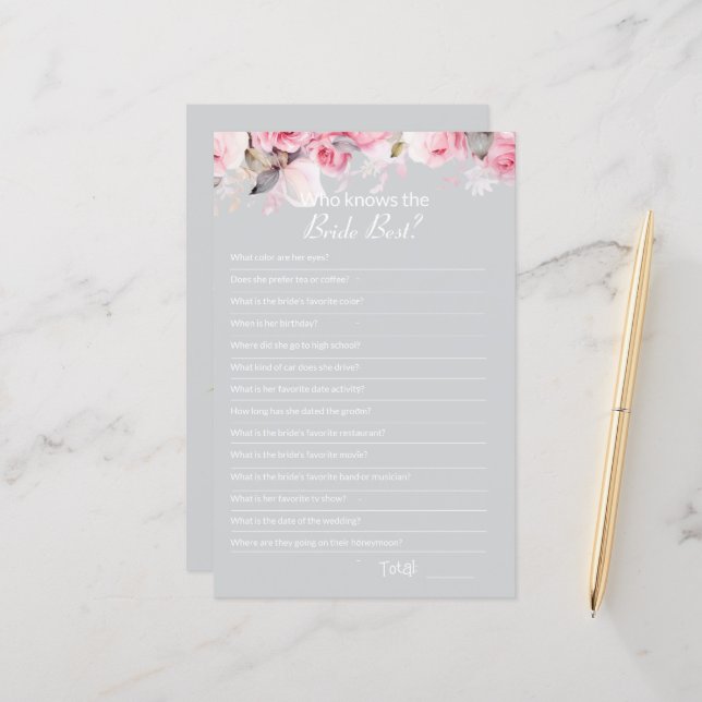 Pink Gray Bridal Shower How well do you Game Card (Vorderseite/Rückseite Beispiel)
