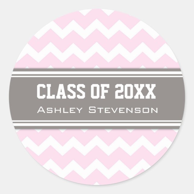 Pink Gray Chevrons Abschluss Individuelle Name Runder Aufkleber (Vorderseite)