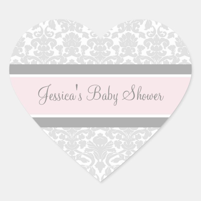 Pink Gray Damask Baby Dusche Pflegeaufkleber Herz-Aufkleber (Vorderseite)