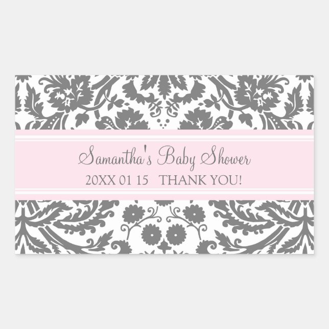Pink Gray Damask Baby Dusche Pflegeaufkleber Rechteckiger Aufkleber (Vorderseite)