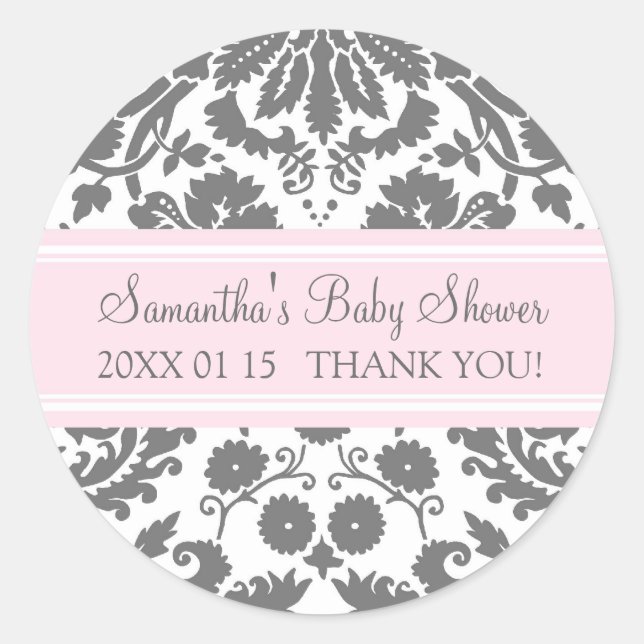 Pink Gray Damask Baby Dusche Pflegeaufkleber Runder Aufkleber (Vorderseite)