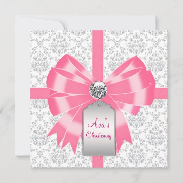 Pink Gray Damask Baby Girl Taufe Christening Einladung (Vorderseite)