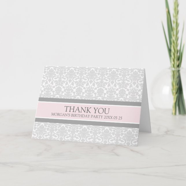 Pink Gray Damask Geburtstagsparty Danke Karte (Vorderseite)