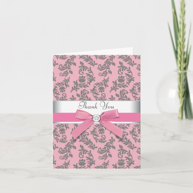 Pink Gray Damask Thank You Cards Dankeskarte (Vorderseite)