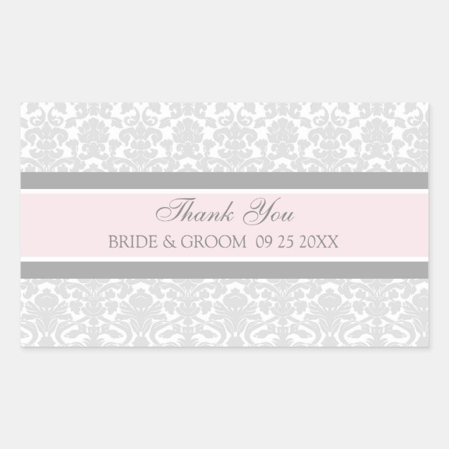 Pink Gray Damask Vielen Dank Gastgeschenk Hochzeit Rechteckiger Aufkleber (Vorderseite)