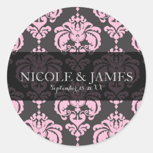 Pink & Gray Damask Vintage Wedding Event Gefallen Runder Aufkleber
