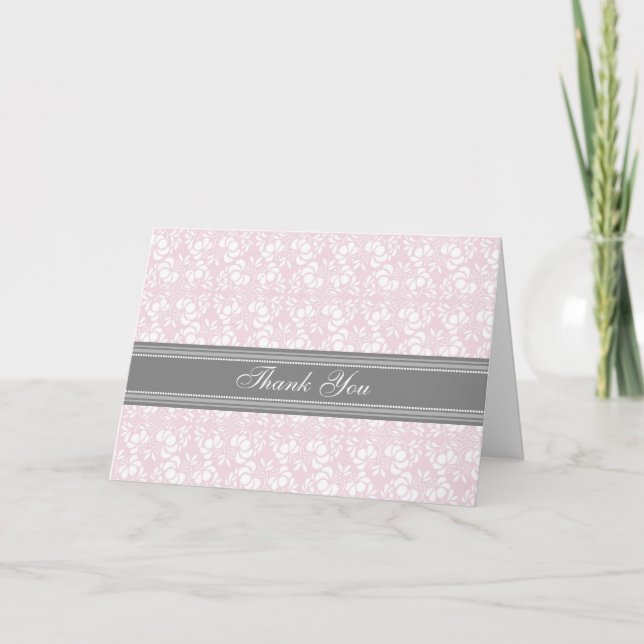 Pink Gray Damask Wedding Danke Karte (Vorderseite)