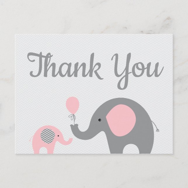 Pink Gray Elephant Baby Dusche Danke Postcard Postkarte (Vorderseite)