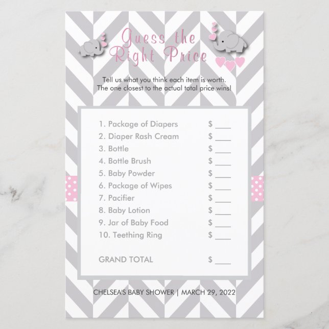 Pink & Gray Elephant Baby Dusche - raten Sie mal,  (Vorderseite)