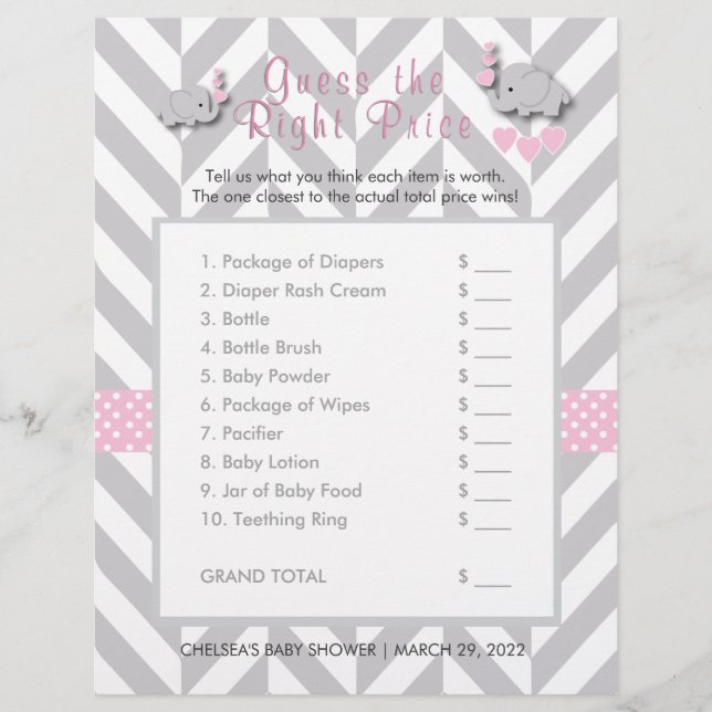 Pink & Gray Elephant Baby Dusche - raten Sie mal,  Flyer (Vorne)