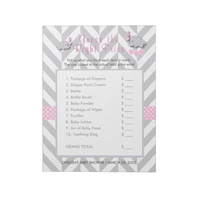 Pink & Gray Elephant Baby Dusche - raten Sie mal,  Notizblock (Rotiert)