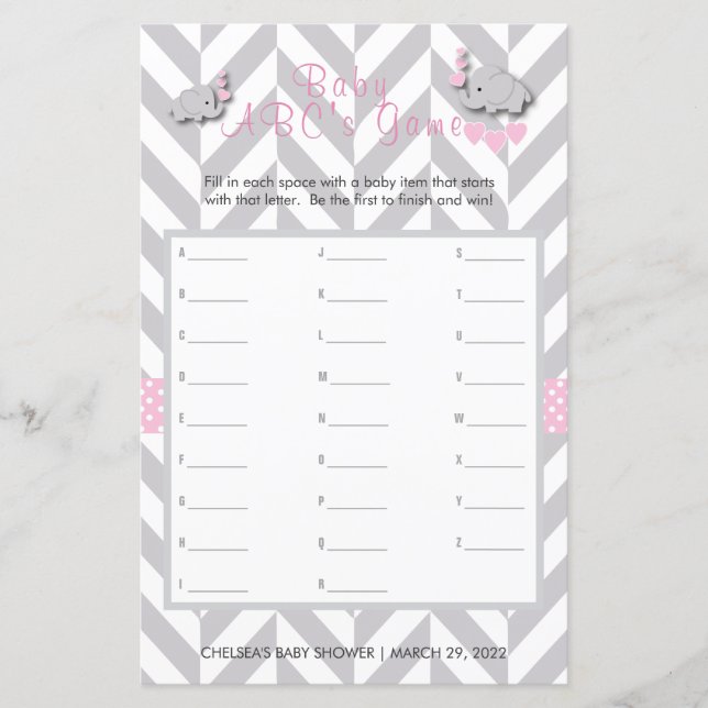 Pink & Gray Elephant Baby Shower - ABCs Spiel (Vorderseite)