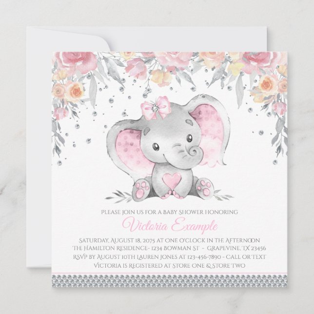 Pink Gray Elephant Diamond Floral Baby Dusche Einladung (Vorderseite)