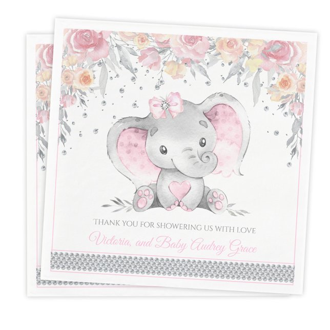 Pink Gray Elephant Diamond Floral Baby Dusche Serviette (Personalize with optional text.)