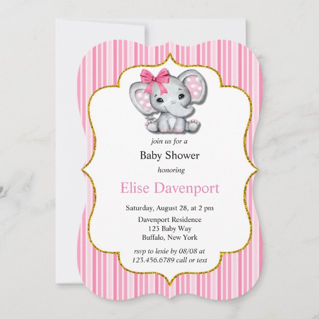 Pink Gray Elephant Girl Baby Dusche Einladung (Vorderseite)