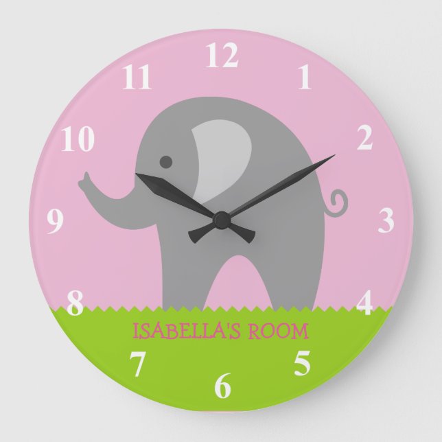 Pink gray elephant nursery big wall clock for girl große wanduhr (Vorderseite)