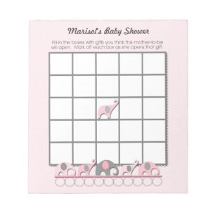 Pink Gray Elephants Baby Dusche Bingo Game Pad Notizblock