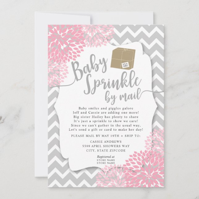 Pink Gray Floral Baby Sprinkle per Post Einladung (Vorderseite)
