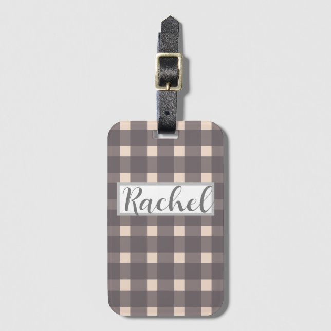 Pink Gray Gingham Personalisiert Gepäckanhänger (Vorderseite Vertikal)