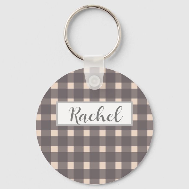 Pink Gray Gingham Personalisiert Schlüsselanhänger (Vorderseite)