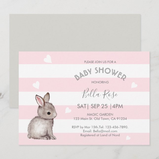 Pink Gray Heart Bunny Baby Shower Einladungen (Vorne/Hinten)