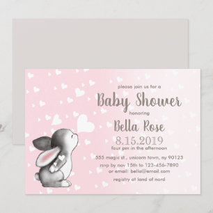 Pink Gray Hearts Bunny Baby Shower Einladungen