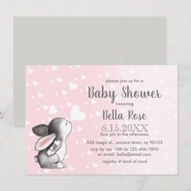 Pink Gray Hearts Bunny Girl Baby Dusche Einladung (Vorne/Hinten)