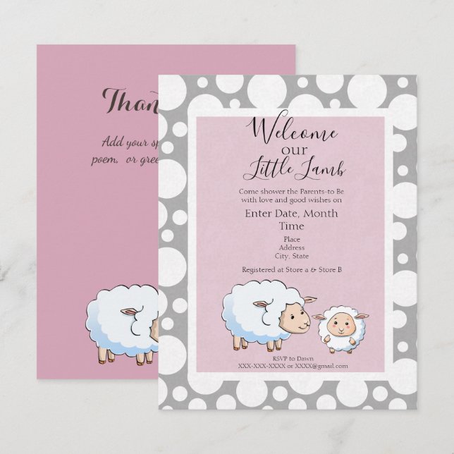 Pink, Gray Little Lamb Babydusche Einladung (Vorne/Hinten)